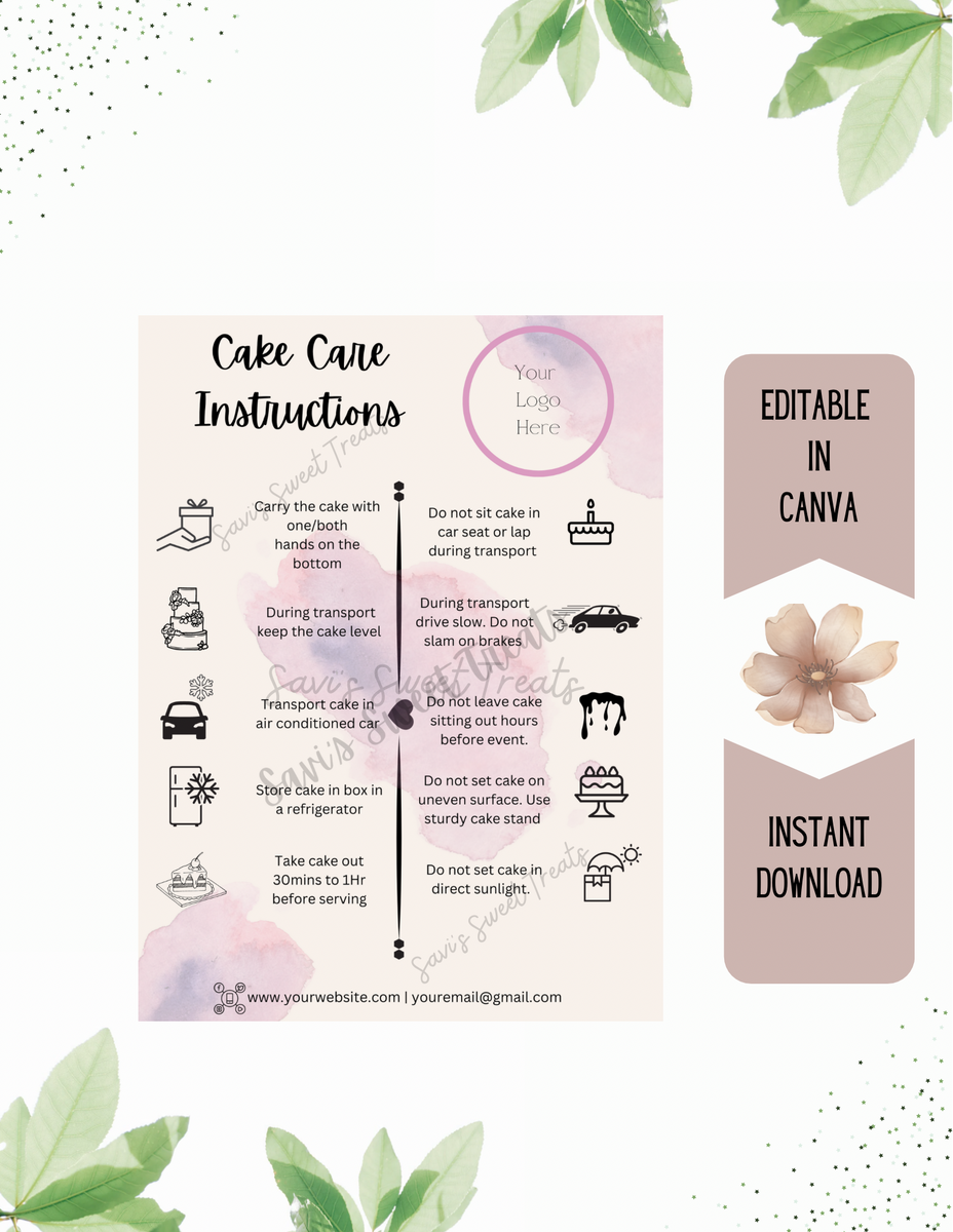 Cake Care Card – Savi's Sweet Treats for Care Instruction Free Printable Care Cards